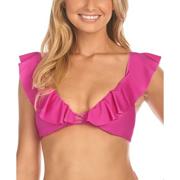 Raisins Womens Seychellel Pink Ruffled Lace-Up Swim Top Separates Juniors - Picture 1 of 2